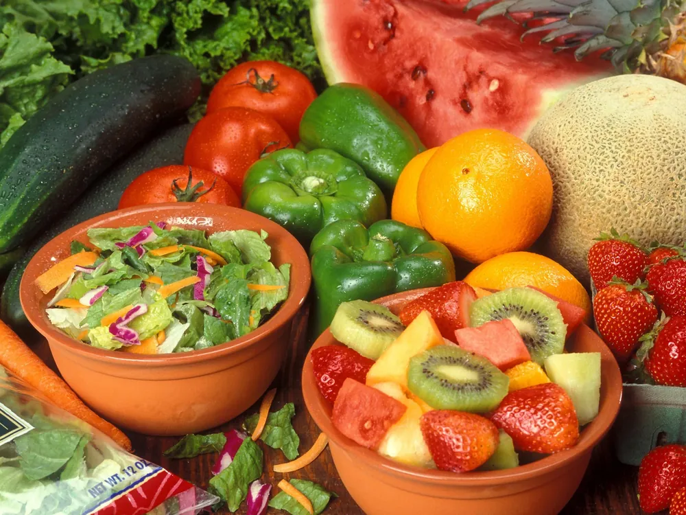 Fresh fruit and vegetables prepared in bowls