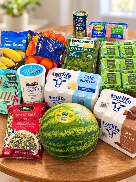 A grocery haul with Greek yogurt, protein shakes, spinach, ground turkey, tuna, salad, produce, and pantry snacks arranged on a table.