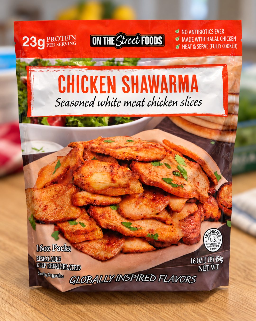 Package of pre-cooked chicken shawarma slices purchased at Costco.