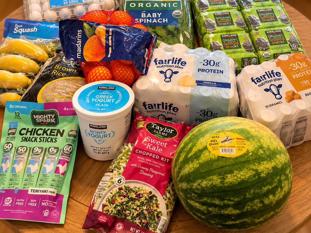 A full Costco grocery haul arranged on a dining table, including protein foods, produce, yogurt, salad, rice, and other staples.