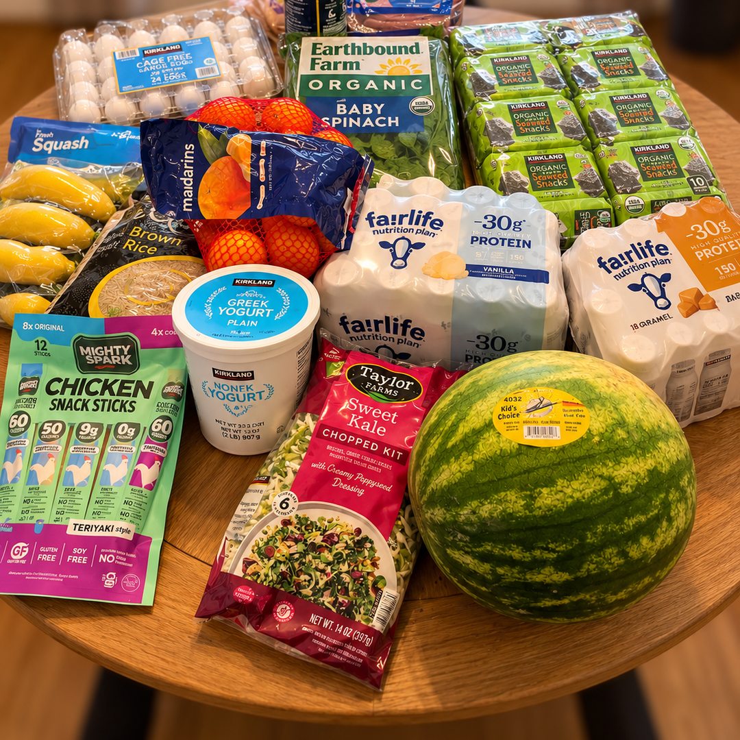 A Costco grocery haul with protein foods, produce, yogurt, salad, rice, and other staples.
