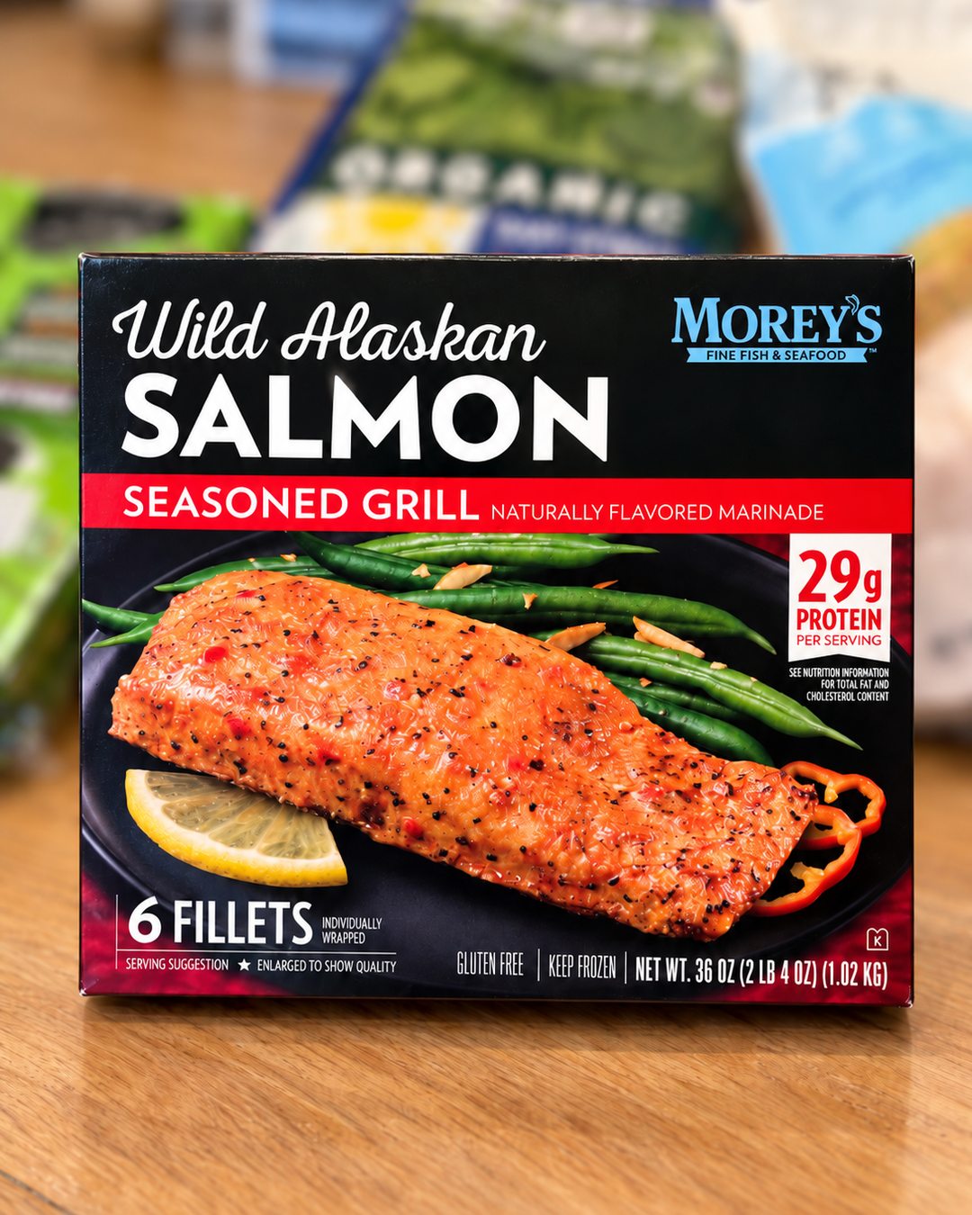 Box of Morey’s Wild Alaskan salmon seasoned grill fillets from Costco.