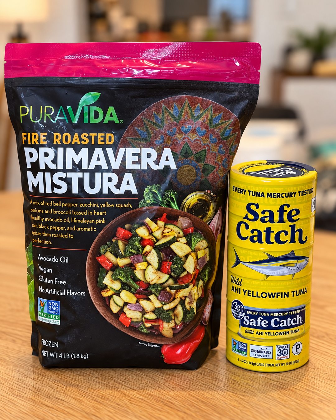 Pura Vida fire-roasted mixed vegetables and Safe Catch yellowfin tuna from Costco.