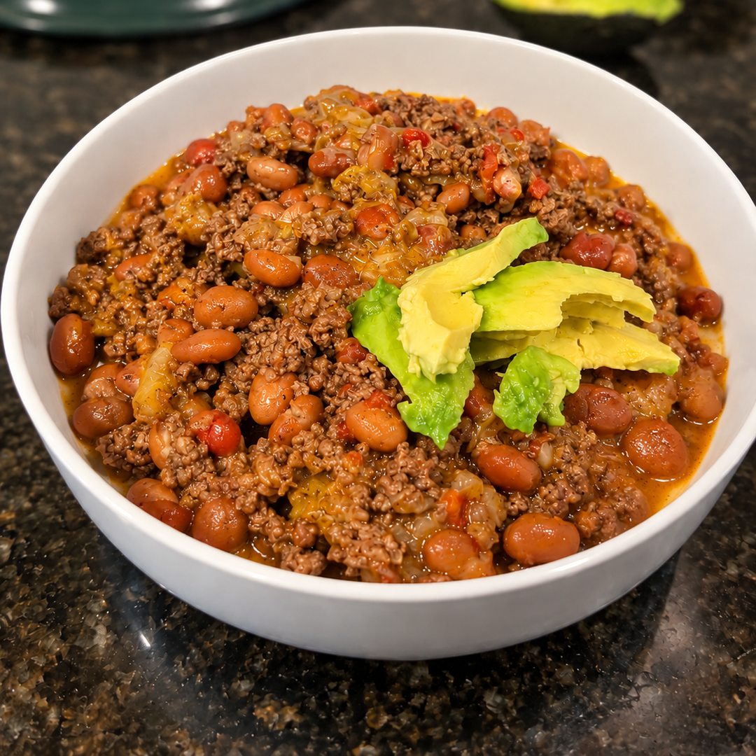Ground-beef version of the Easy Protein Bowl topped with sliced avocado.